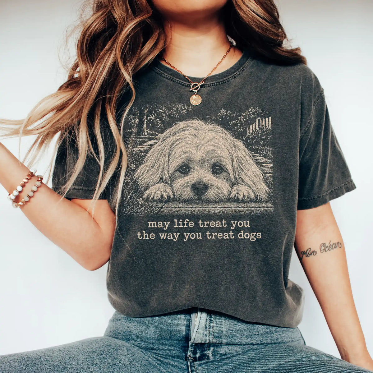 Maltese Karma Comfort Colors T-shirt in Pepper — Studio Lifestyle