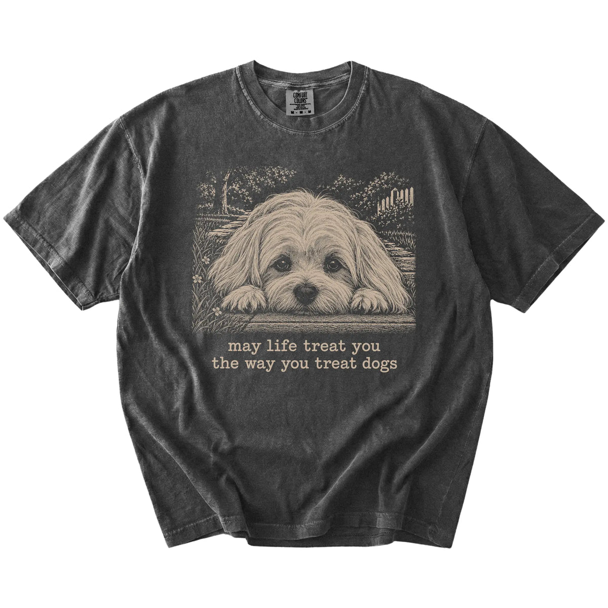 Maltese Karma Comfort Colors T-shirt in Pepper — Flat Lay