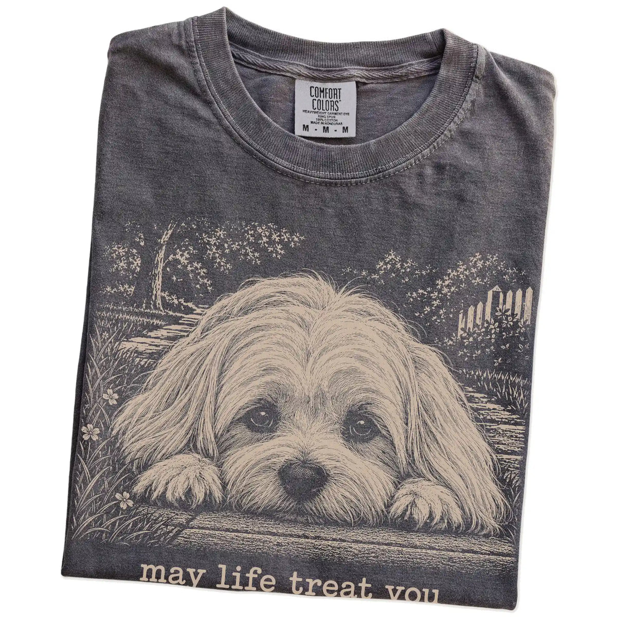 Maltese Karma Comfort Colors T-shirt in Pepper — Folded Detail
