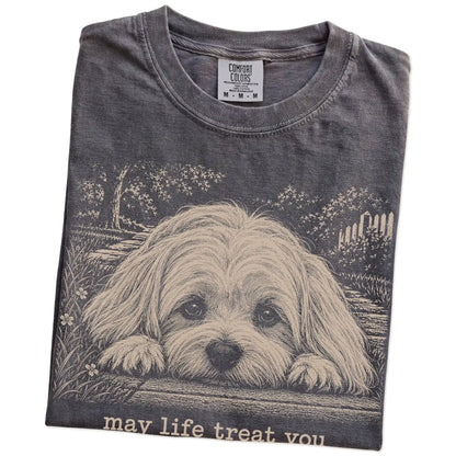 Maltese Karma Comfort Colors T-shirt in Pepper — Folded Detail