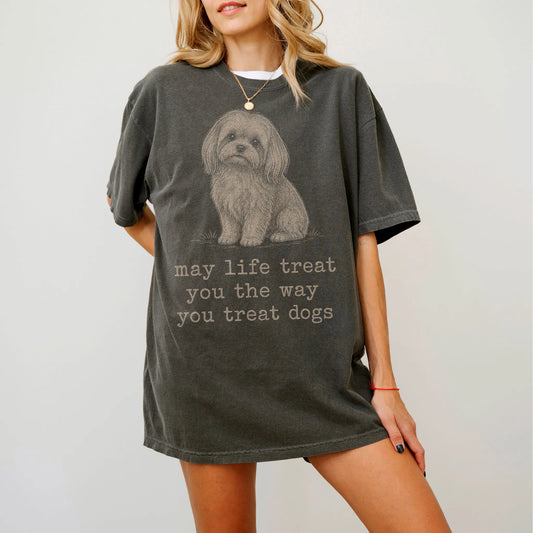 Woman wearing a Pepper Maltese Karma T-Shirt