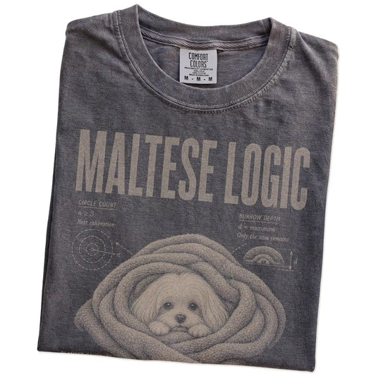 Folded Pepper Maltese Logic T-Shirt showing the graphic