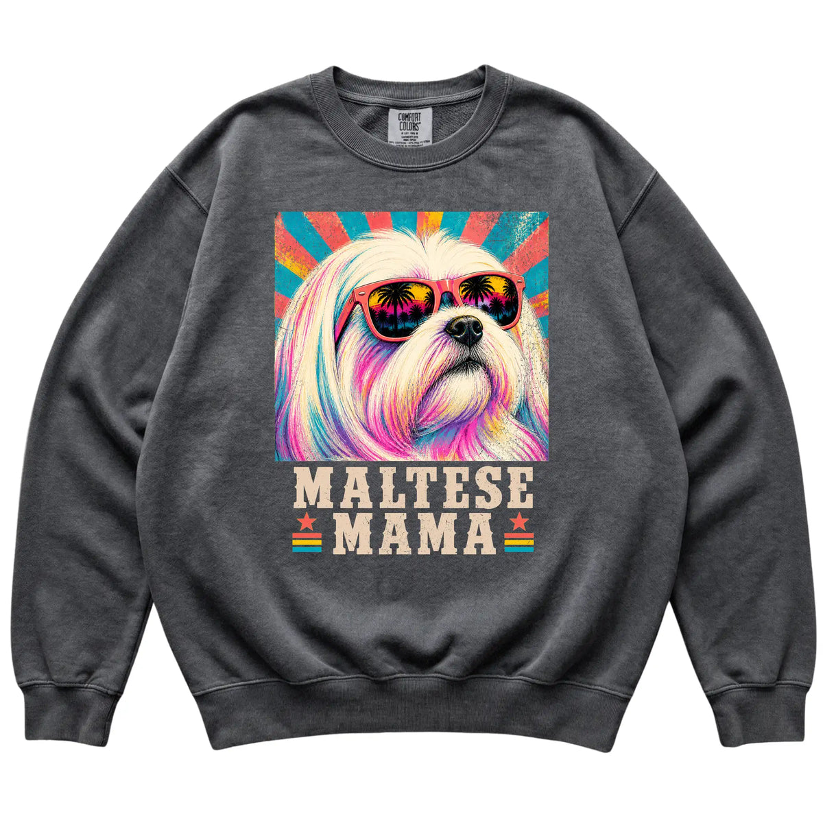 Retro Maltese Mama design on a Pepper Comfort Colors sweatshirt