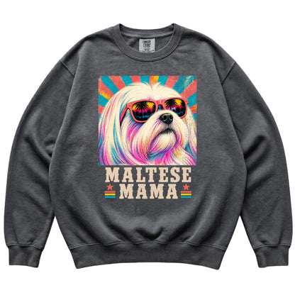 Retro Maltese Mama design on a Pepper Comfort Colors sweatshirt