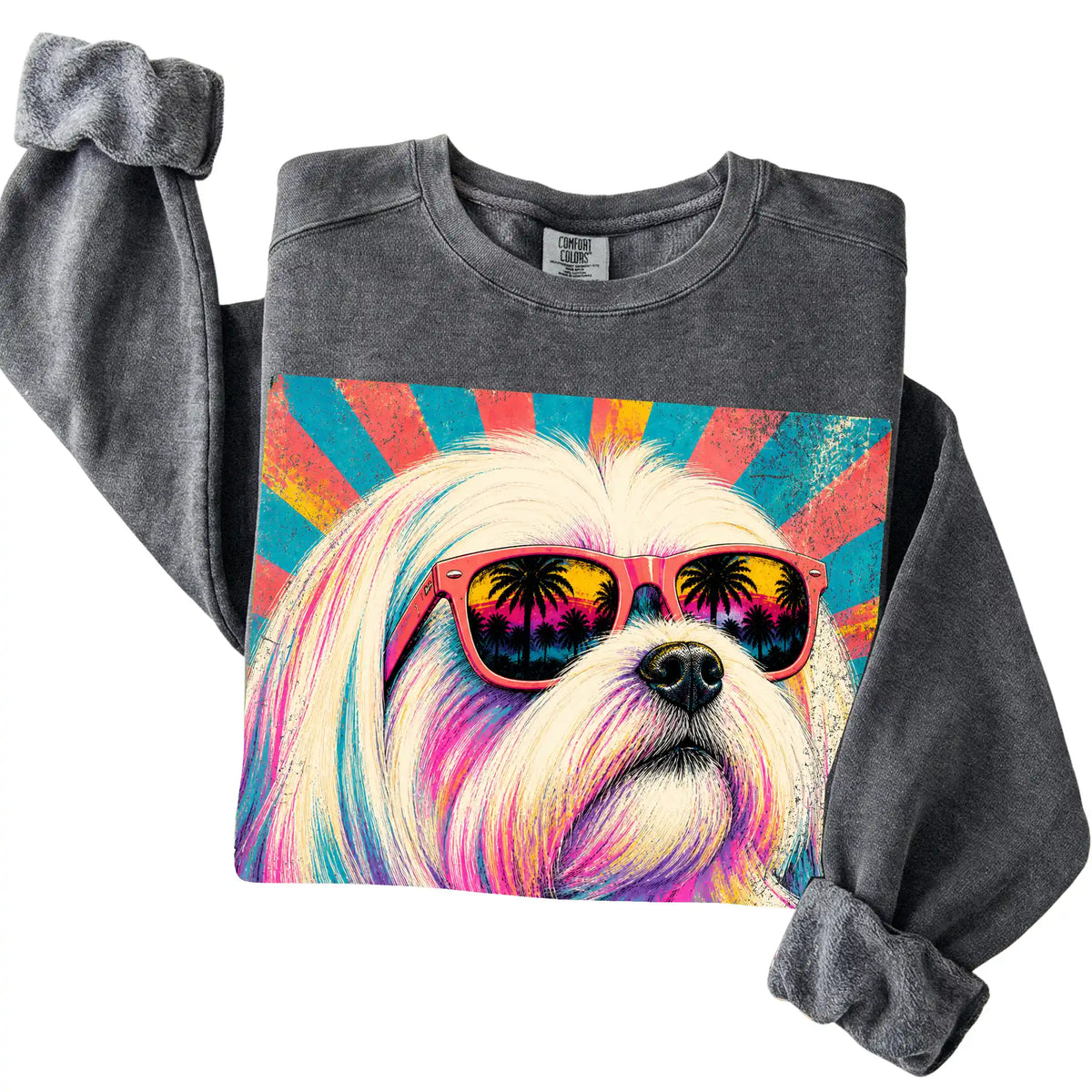 Folded Pepper Comfort Colors sweatshirt with a Retro Maltese Mama design