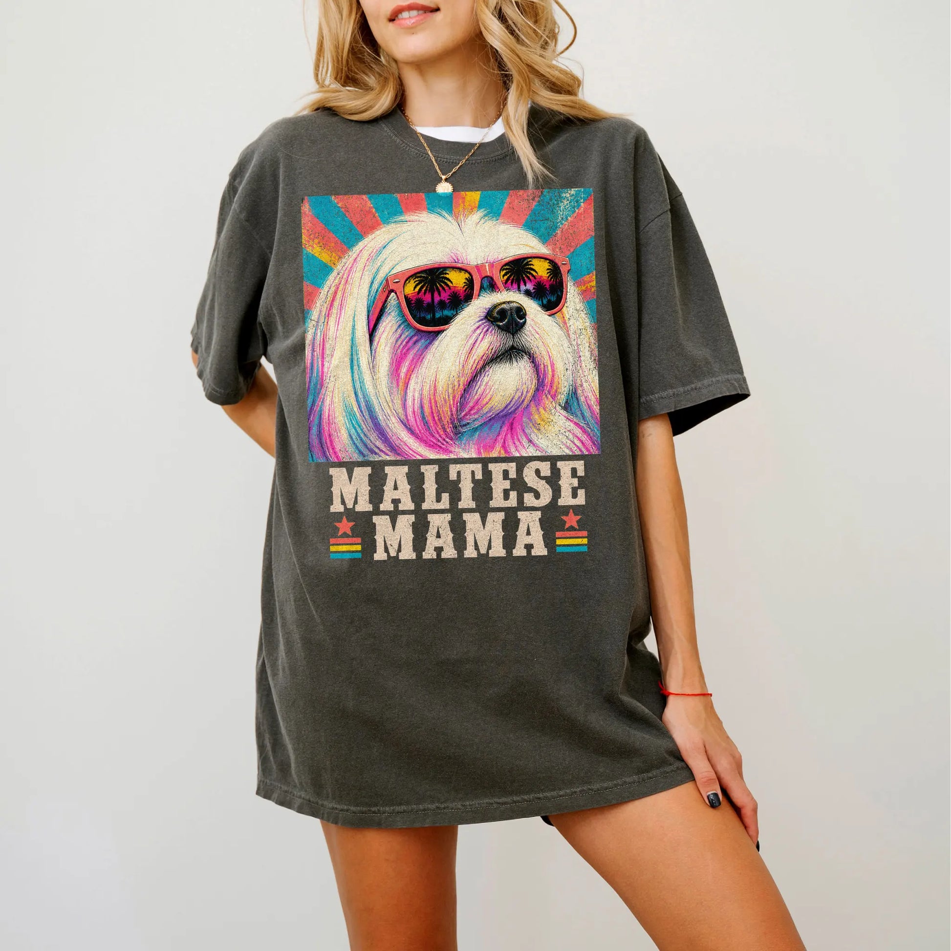 Retro Maltese Mama design on a Pepper Comfort Colors T-shirt worn by a model