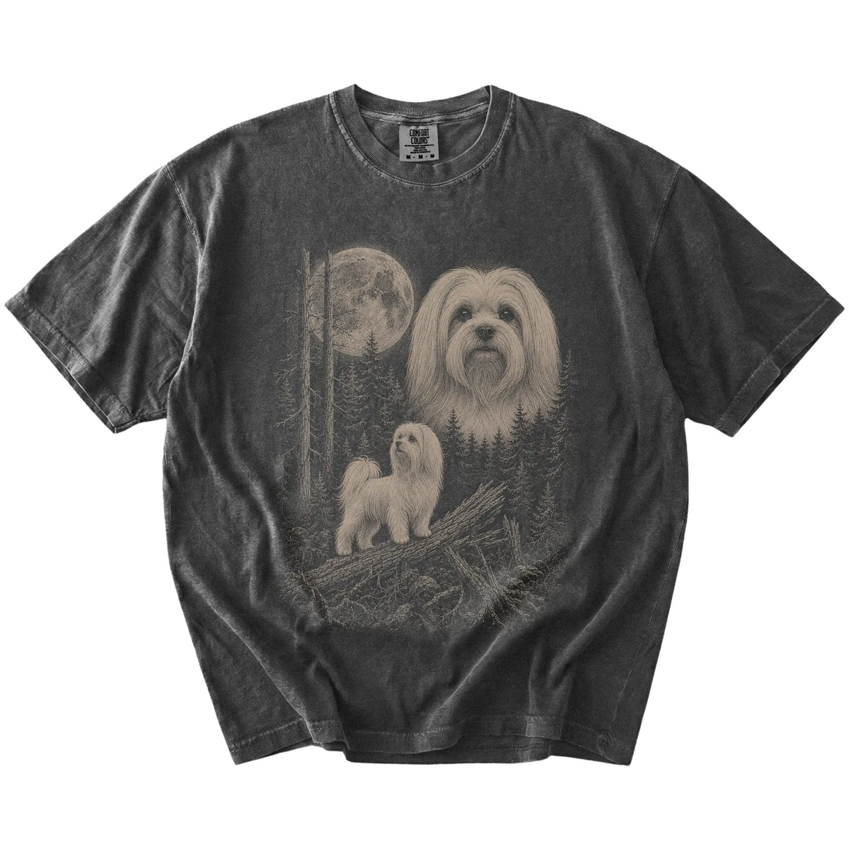 Pepper Maltese Moonlit Forest T-Shirt laid flat