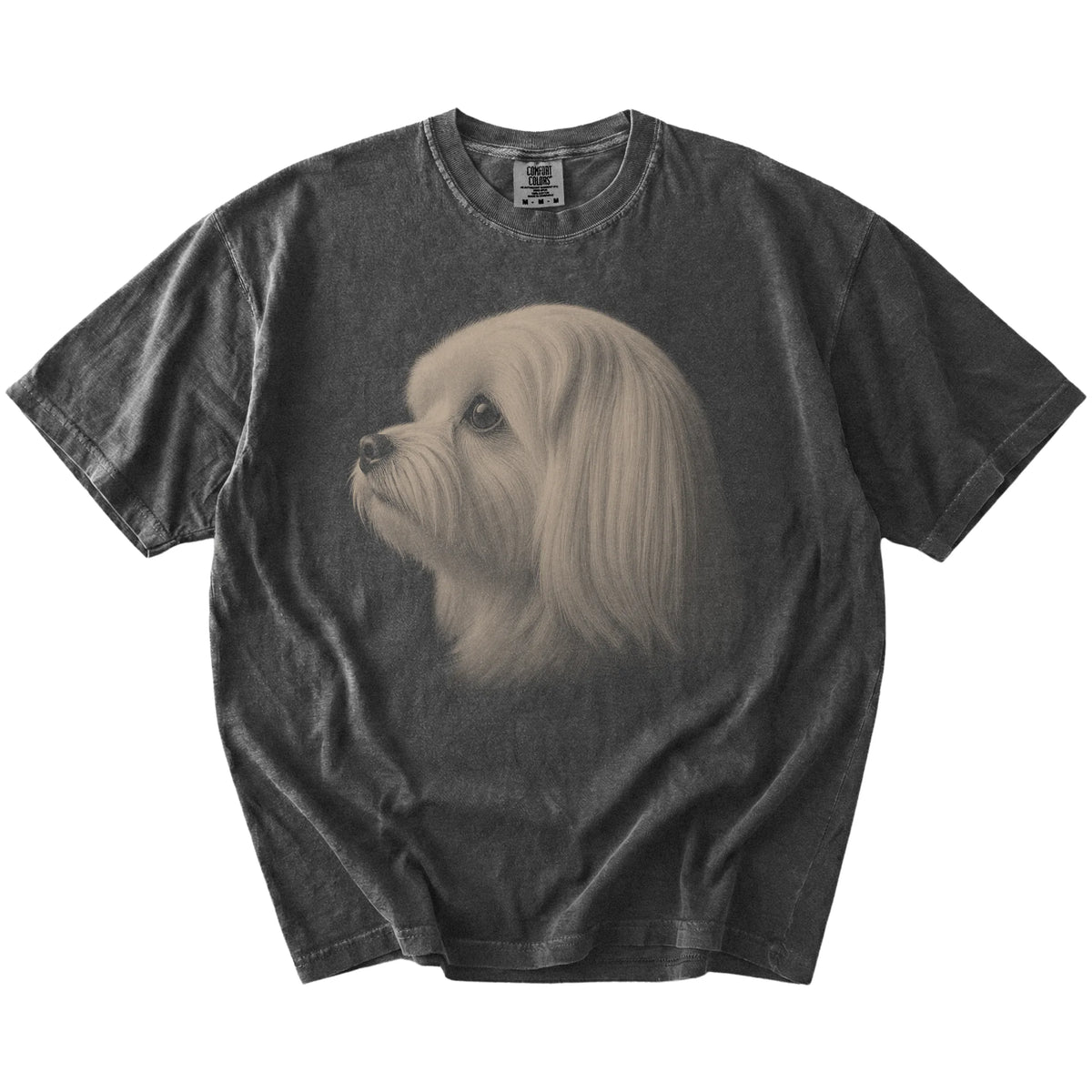 A detailed photographic portrait of a Maltese on a Pepper Comfort Colors® T-shirt