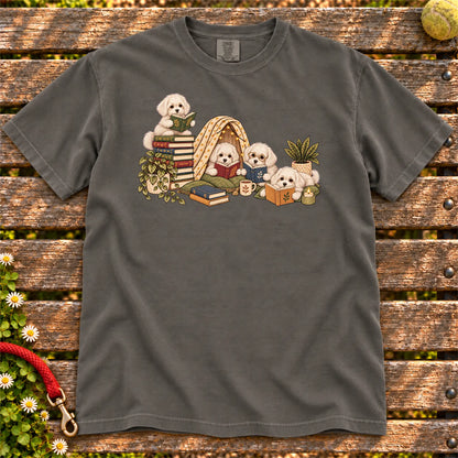 Maltese puppies reading books in a cozy blanket fort on a Pepper T-shirt