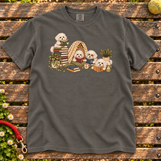 Maltese puppies reading books in a cozy blanket fort on a Pepper T-shirt