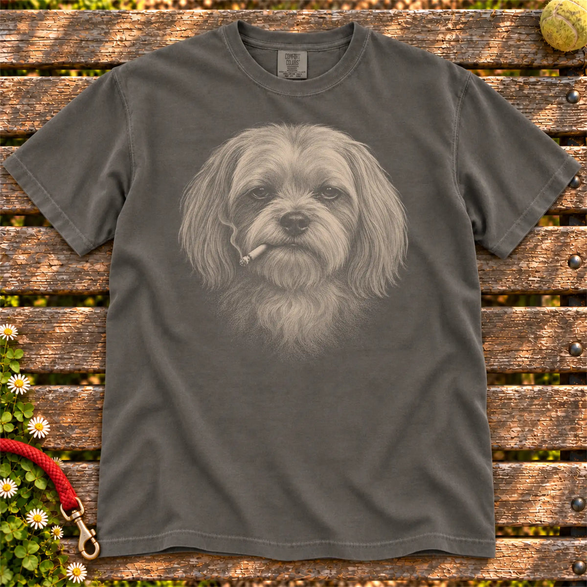 Maltese smoking design on a Pepper t-shirt