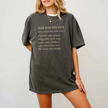 Woman wearing a Pepper Maltese Tro-Vert Comfort Colors T-shirt