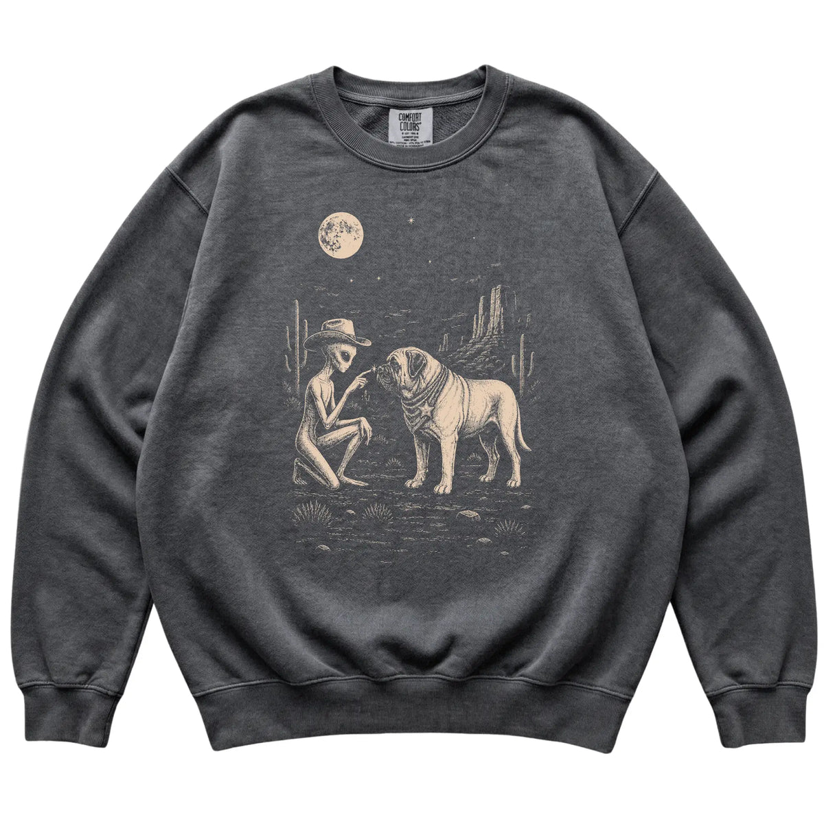 Pepper Comfort Colors® sweatshirt featuring Mastiff Cowboy and Alien, laid-flat presentation