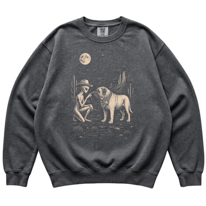 Pepper Comfort Colors® sweatshirt featuring Mastiff Cowboy and Alien, laid-flat presentation
