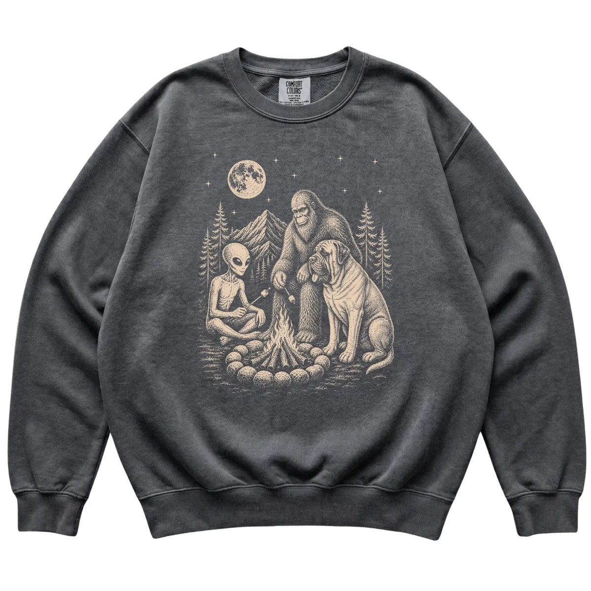 Pepper Mastiff Camping with Bigfoot and Alien shirt laid flat