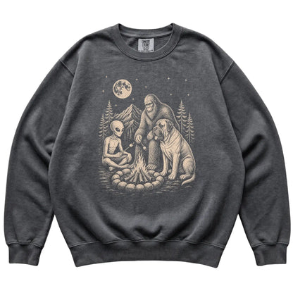 Pepper Mastiff Camping with Bigfoot and Alien shirt laid flat