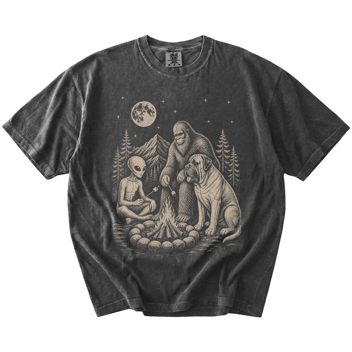 Mastiff camping with Bigfoot and an alien on a Pepper Comfort Colors® T-shirt