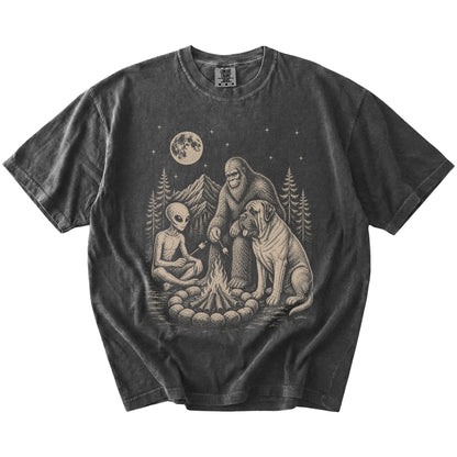 Mastiff camping with Bigfoot and an alien on a Pepper Comfort Colors® T-shirt