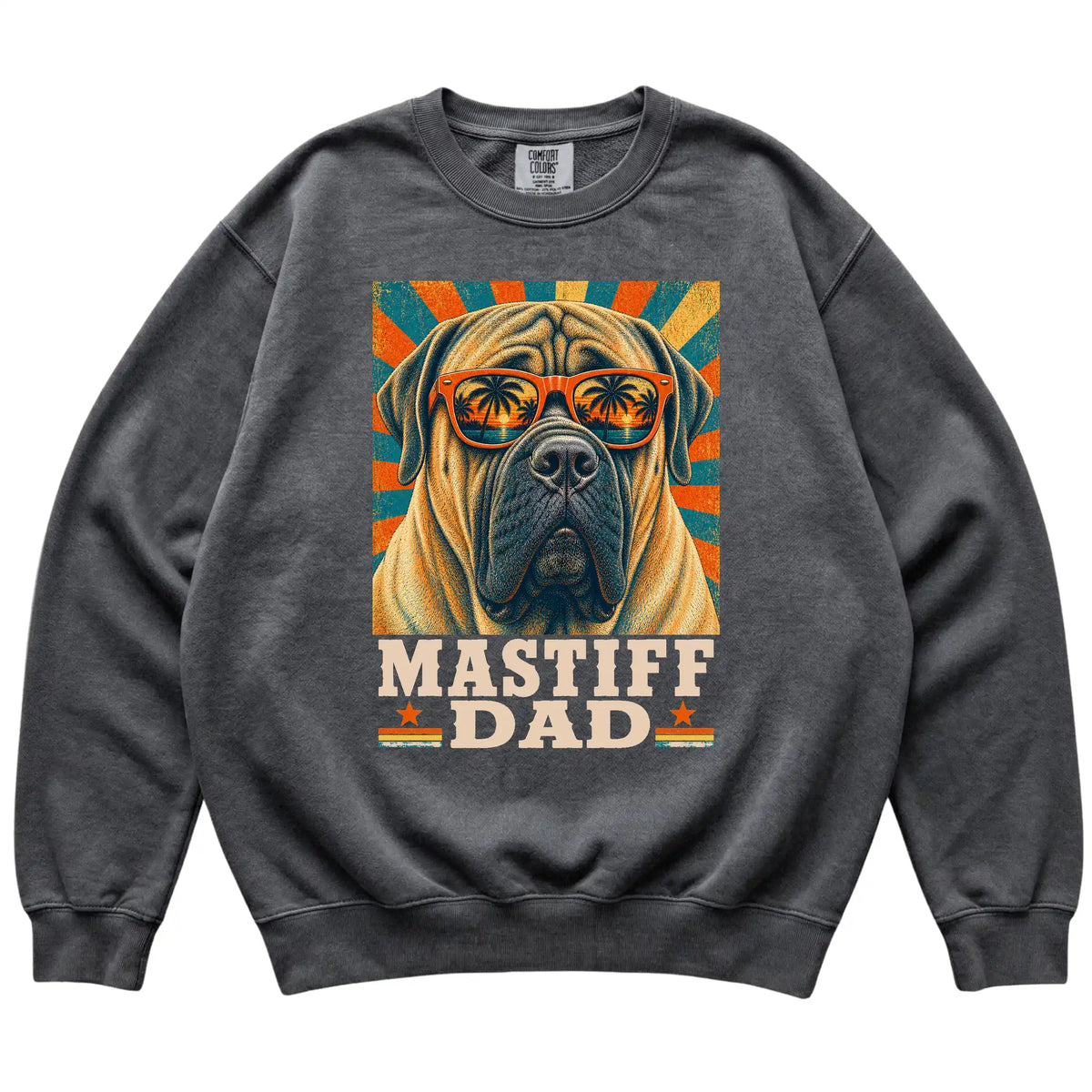 Retro Mastiff Dad design on a Pepper Comfort Colors sweatshirt