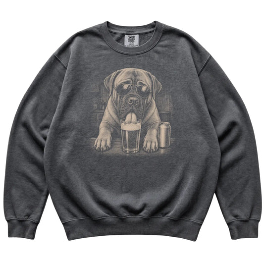 Pepper Mastiff drinking from a pint at a bar, laid flat