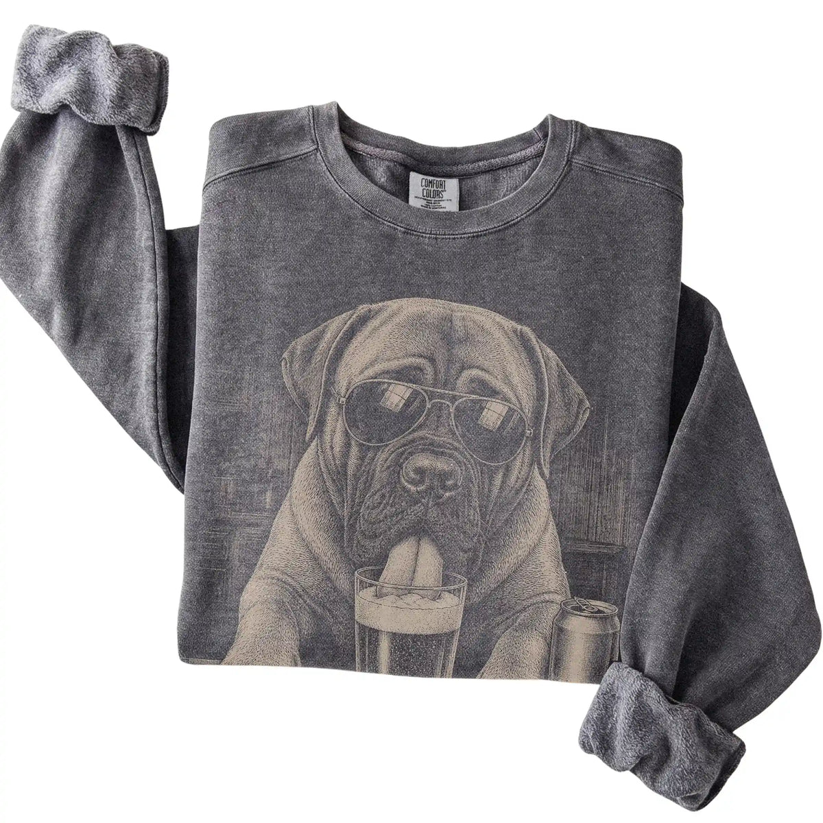 Pepper Mastiff drinking from a pint at a bar, folded detail view