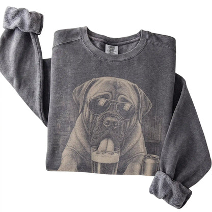 Pepper Mastiff drinking from a pint at a bar, folded detail view