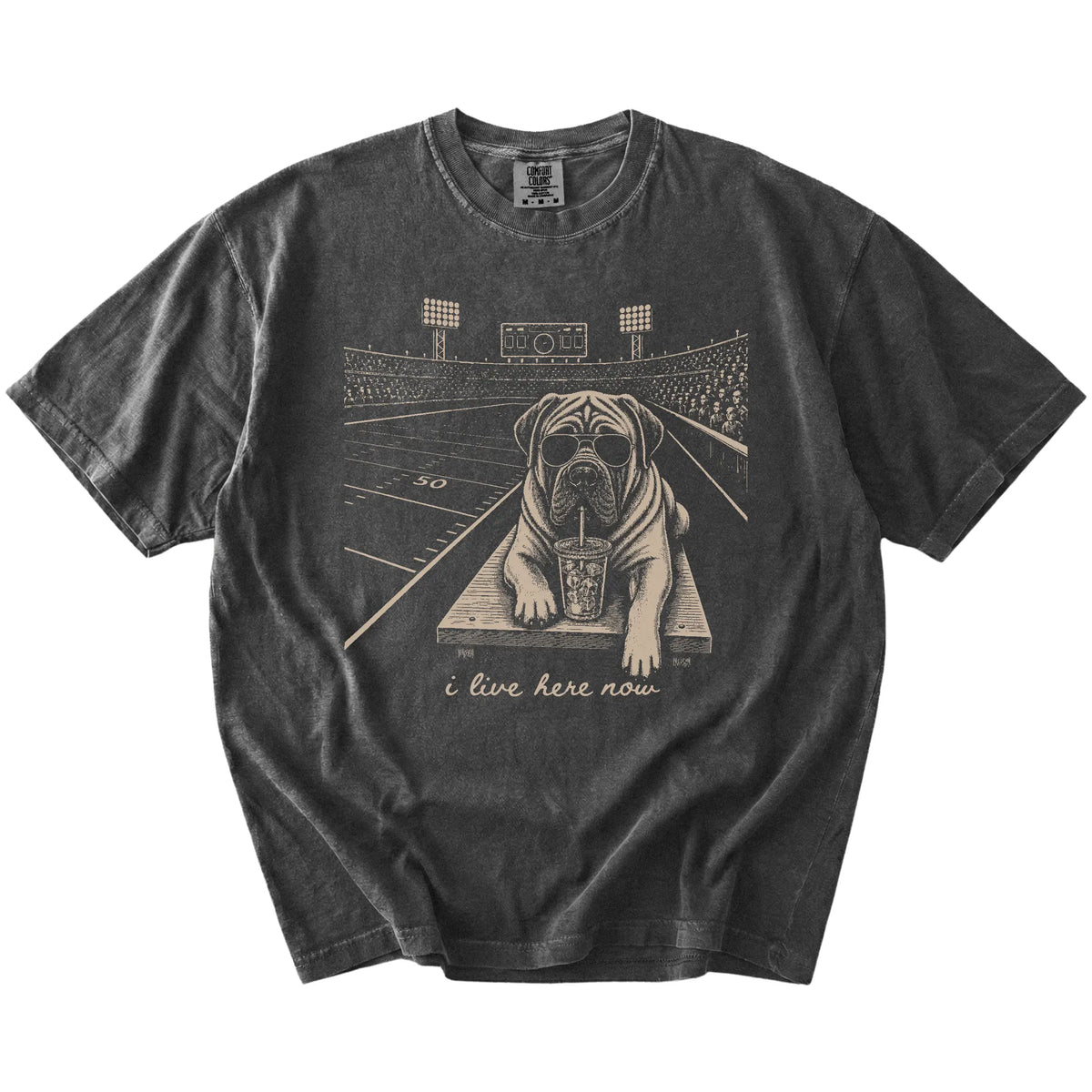 Mastiff ready for football and tailgate season on a Pepper Comfort Colors® T-shirt