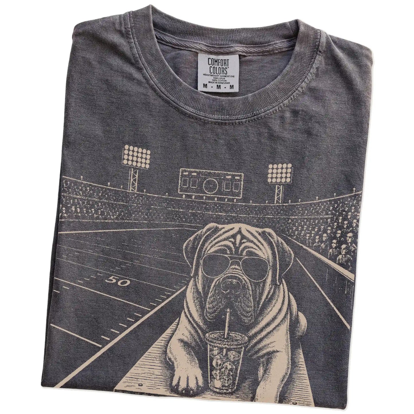 Folded Pepper Comfort Colors® T-shirt showing Mastiff ready for football and tailgate season