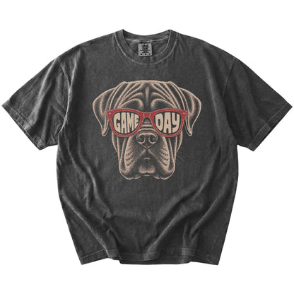 Mastiff wearing red Game Day sunglasses on a Pepper Comfort Colors® T-shirt