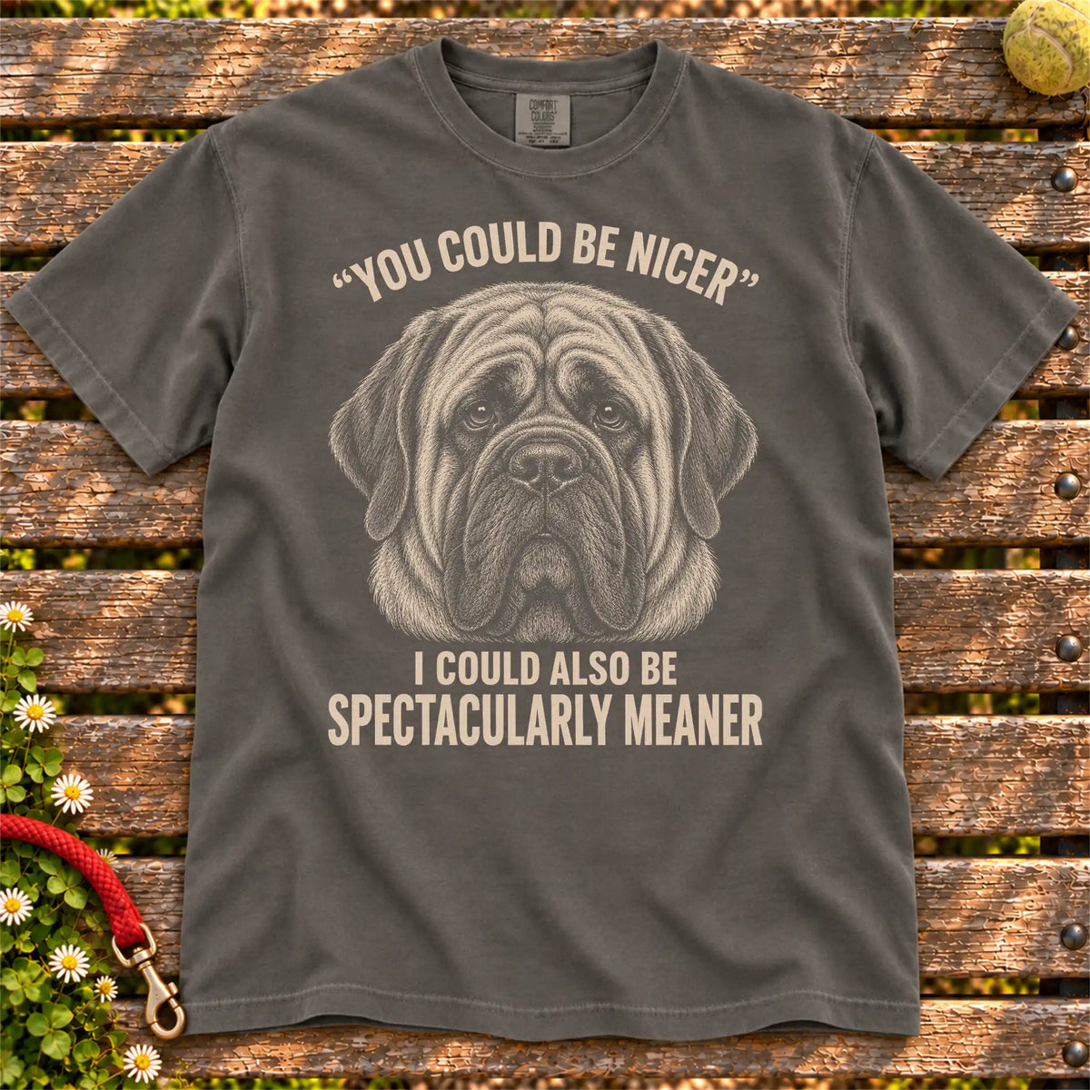Mastiff Guard Dog design on a Pepper Comfort Colors T-shirt, shown flat