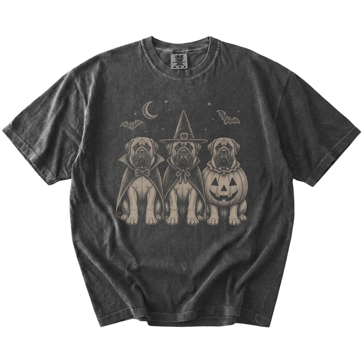 Three Mastiff dogs dressed for Halloween beneath bats and a crescent moon on a Pepper Comfort Colors® T-shirt