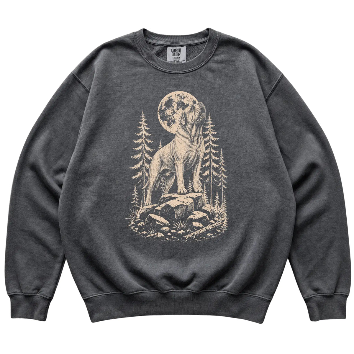 Close view of Mastiff Howling at the Moon artwork on Pepper Comfort Colors sweatshirt