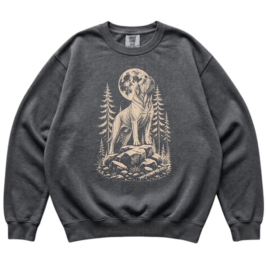 Close view of Mastiff Howling at the Moon artwork on Pepper Comfort Colors sweatshirt