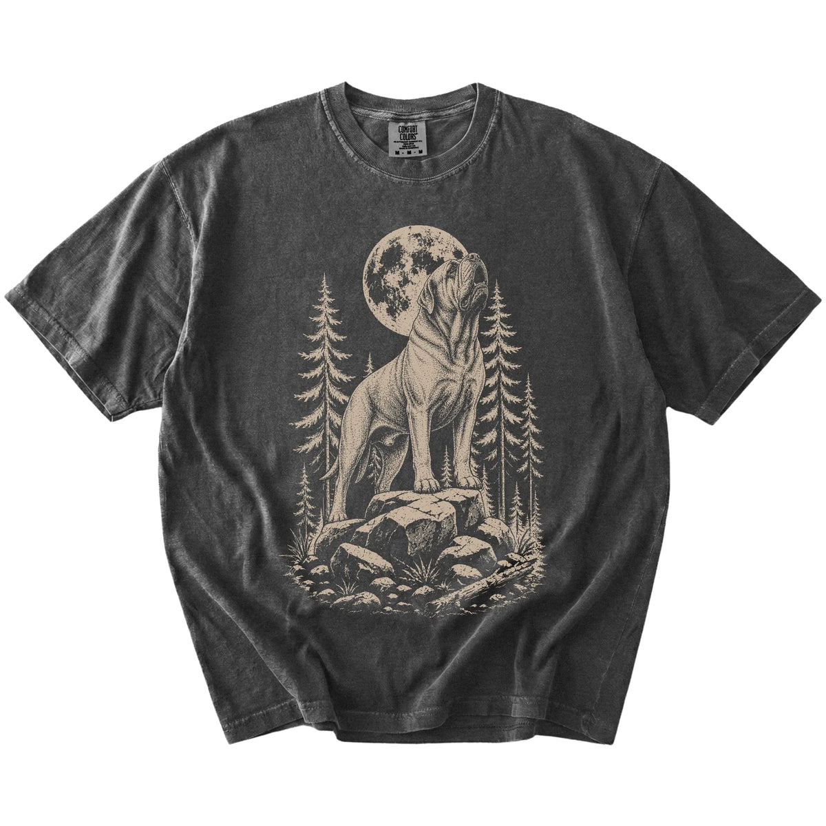 Mastiff howling beneath the moon and pine trees on a Pepper Comfort Colors® T-shirt