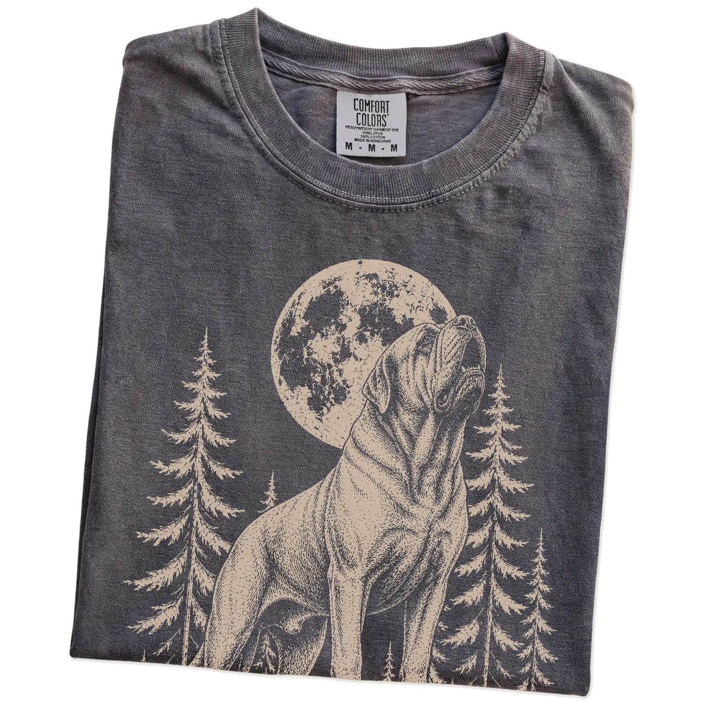 Folded Pepper Comfort Colors® T-shirt showing a Mastiff howling beneath the moon and pine trees