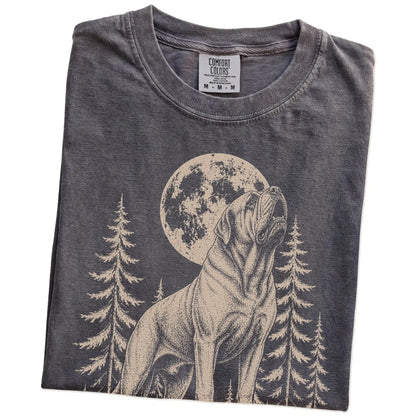 Folded Pepper Comfort Colors® T-shirt showing a Mastiff howling beneath the moon and pine trees