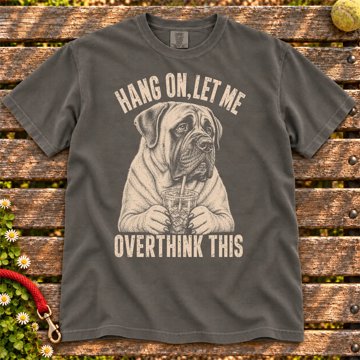 Overthinking Mastiff design on a Pepper Comfort Colors T-shirt, shown flat