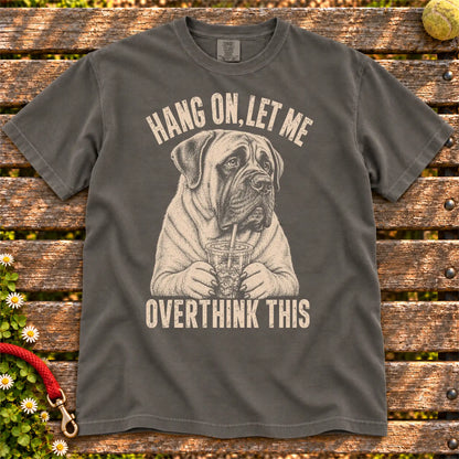Overthinking Mastiff design on a Pepper Comfort Colors T-shirt, shown flat