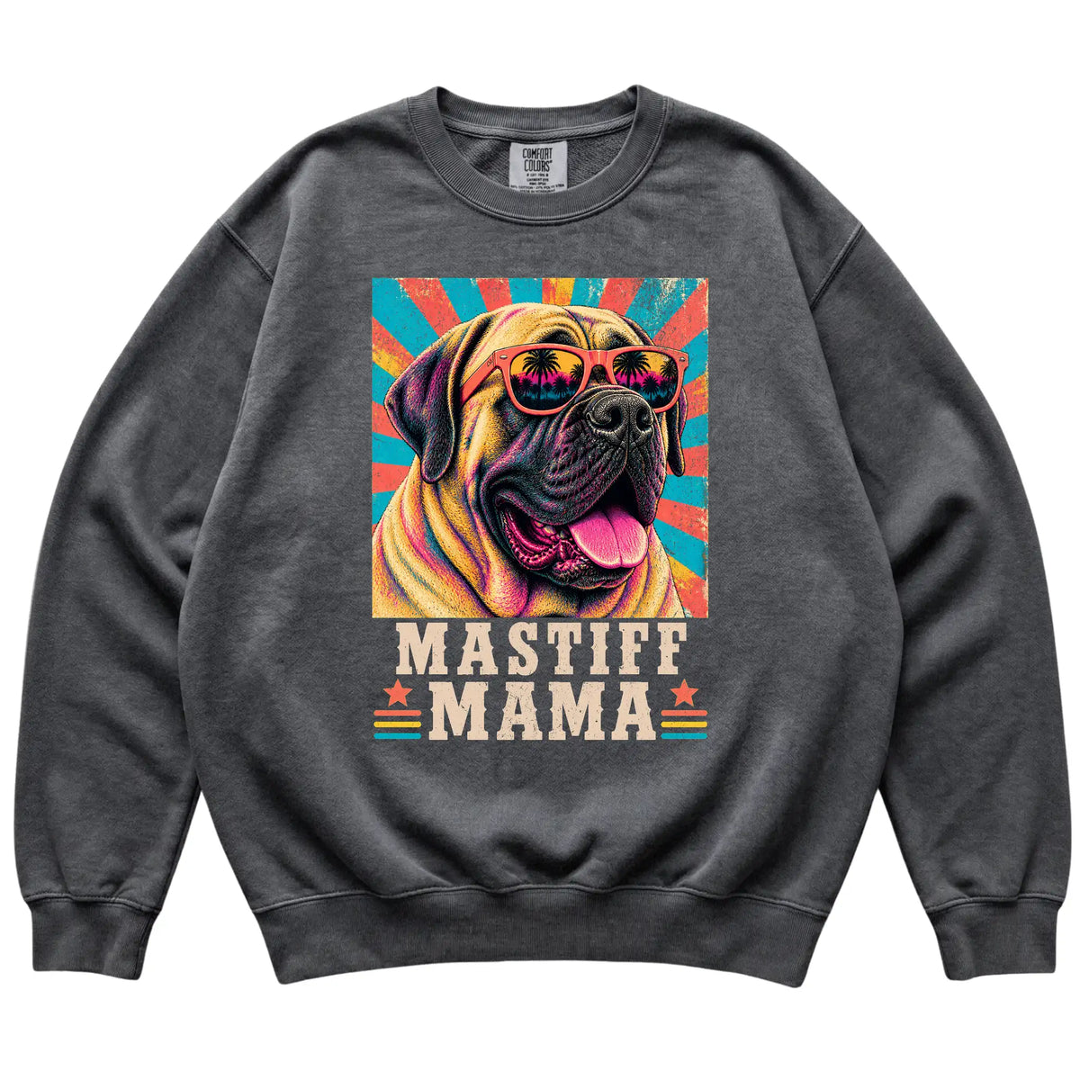 Retro Mastiff Mama design on a Pepper Comfort Colors sweatshirt