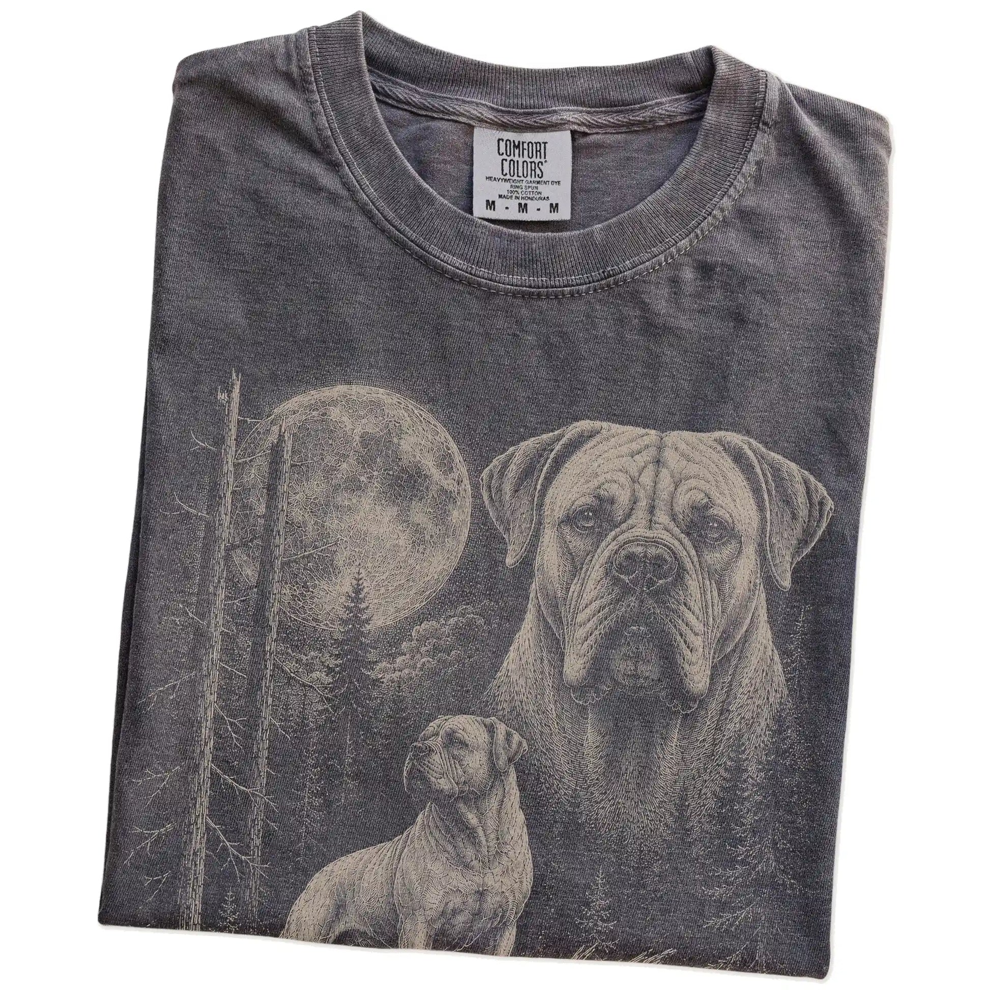Folded Pepper Mastiff Moonlit Forest T-Shirt showing the graphic