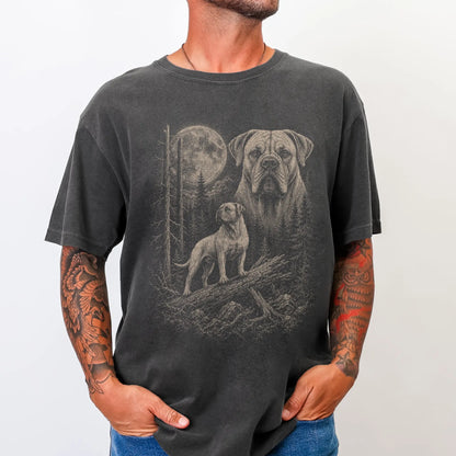 Man wearing a Pepper Mastiff Moonlit Forest T-Shirt