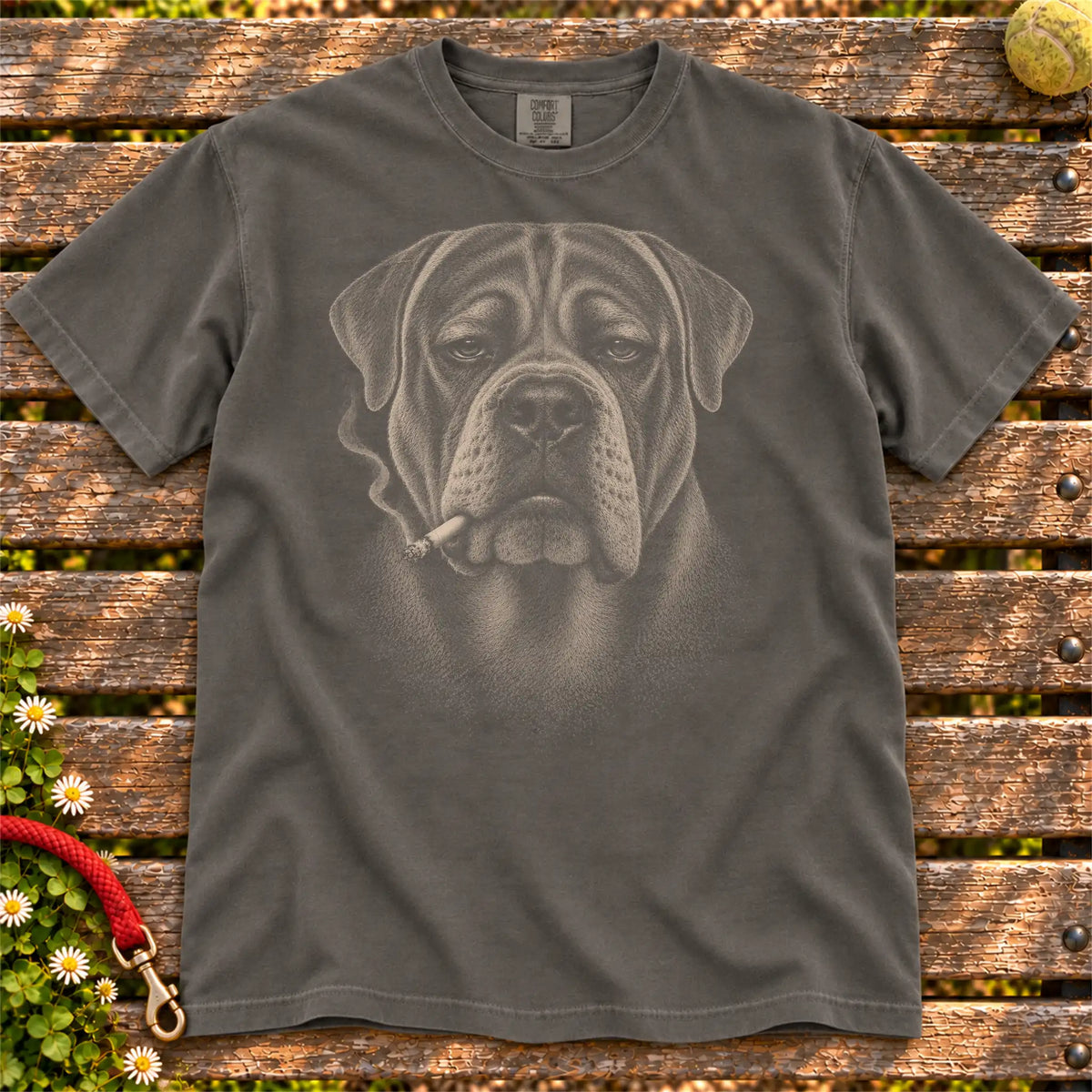 Mastiff smoking design on a Pepper t-shirt