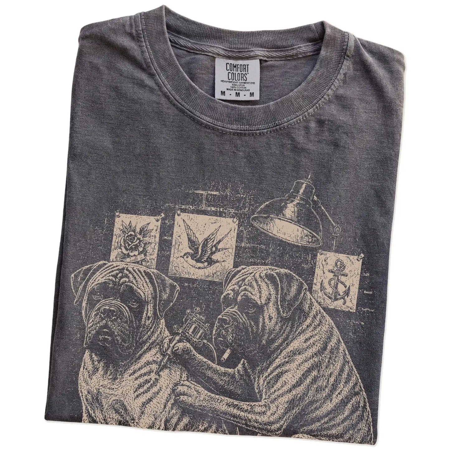 Folded Pepper Mastiff Tattoo t-shirt showing the graphic