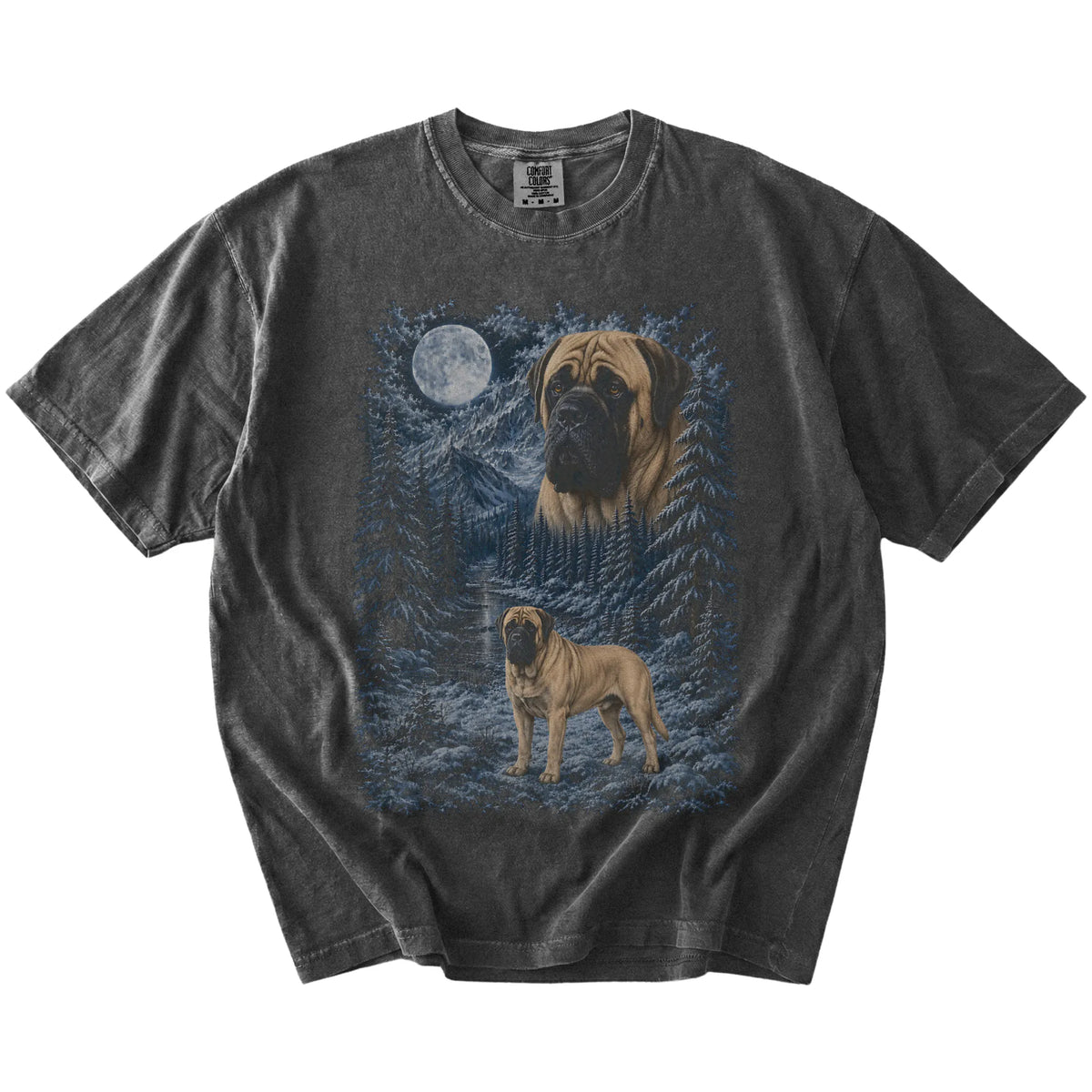 pepper T-shirt with Mastiff Winter Moon artwork.
