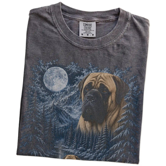Folded pepper T-shirt with Mastiff Winter Moon artwork.