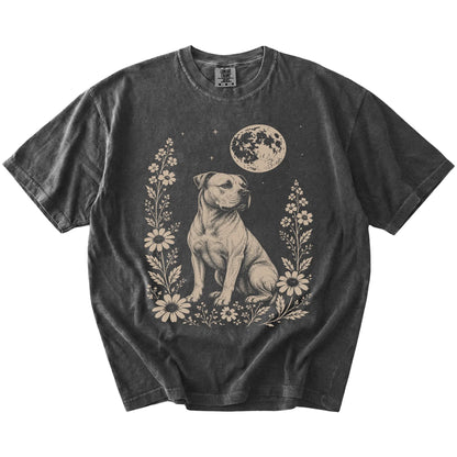 American Bulldog framed by flowers beneath the moon on a Pepper Comfort Colors® T-shirt