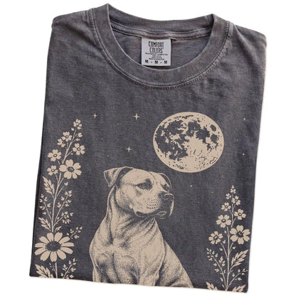 Folded Pepper Comfort Colors® T-shirt showing American Bulldog framed by flowers beneath the moon