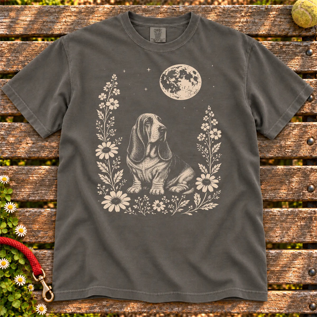 Moon Flowers Basset Hound design on a Pepper Comfort Colors T-shirt, shown flat