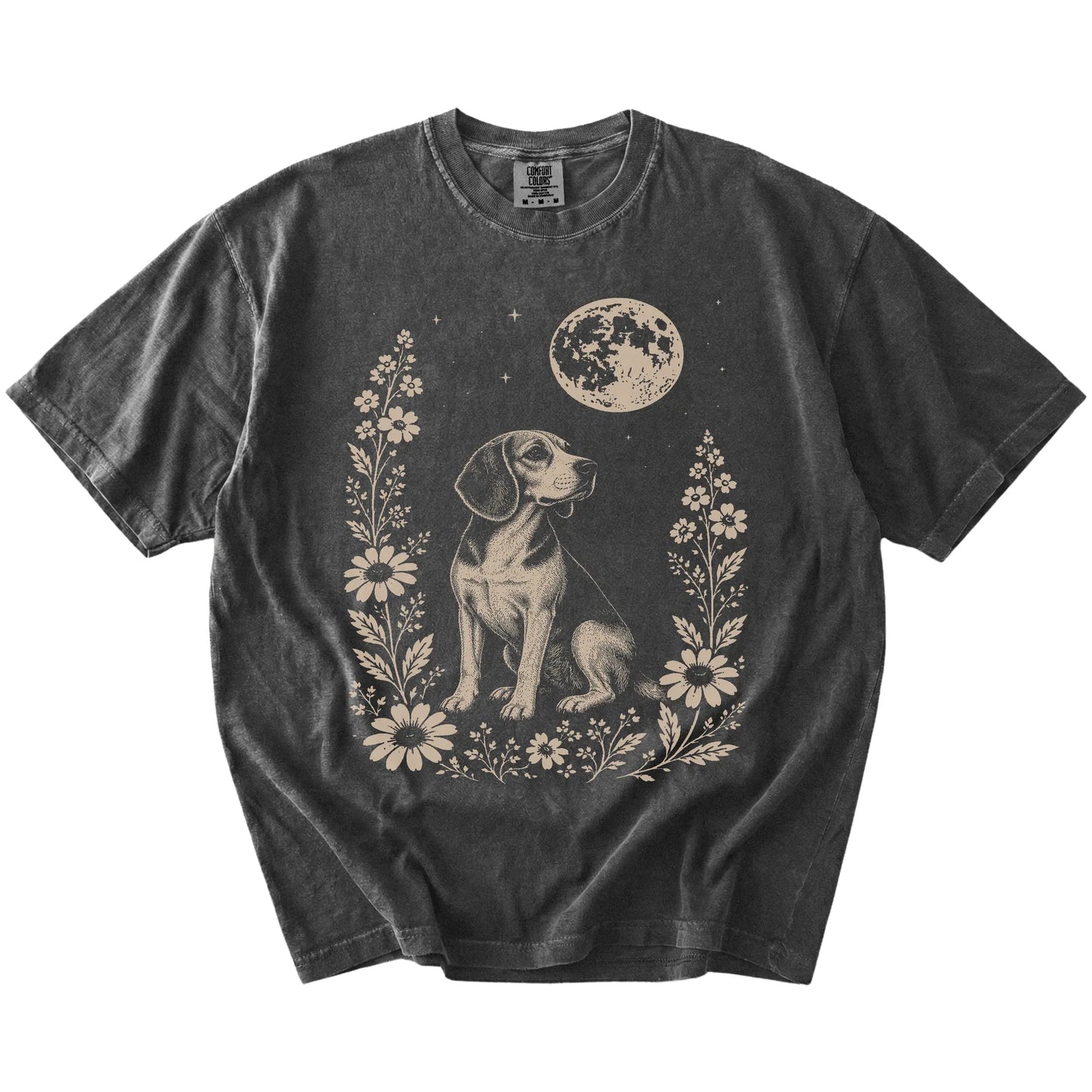 Beagle framed by flowers beneath the moon on a Pepper Comfort Colors® T-shirt