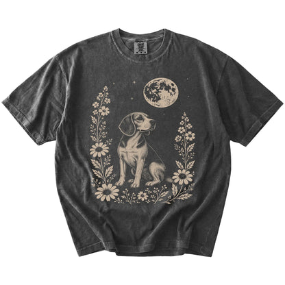 Beagle framed by flowers beneath the moon on a Pepper Comfort Colors® T-shirt